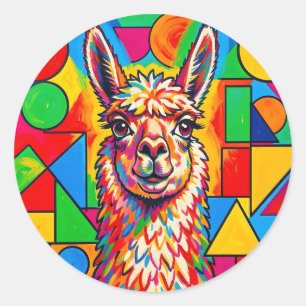 Pegatina Redonda Retrato de Llama Pop Art Vibrante