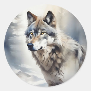 Pegatina Redonda Retrato de lobo en acuarela suave