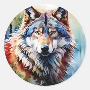 Pegatina Redonda Retrato de lobo salvaje y vibrante en acuarela