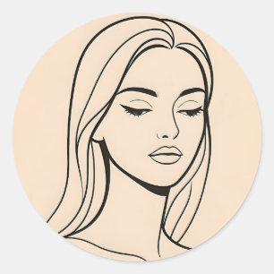 Pegatina Redonda Retrato de mujer de arte de línea minimalista Eleg