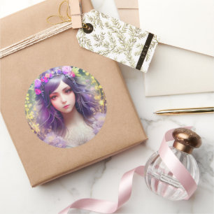 Pegatina Redonda Retrato de mujer hermosa al estilo mucha vintage