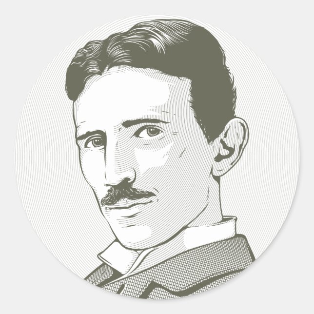 Pegatina Redonda Retrato de Nikola Tesla (Anverso)