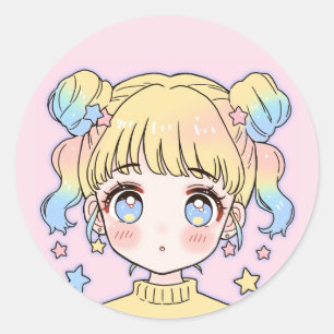 Pegatina Redonda Retrato de niña estrella pastel kawaii