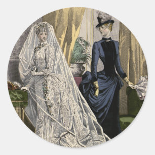 Pegatina Redonda Retrato de novia de boda vintage, novia victoriana