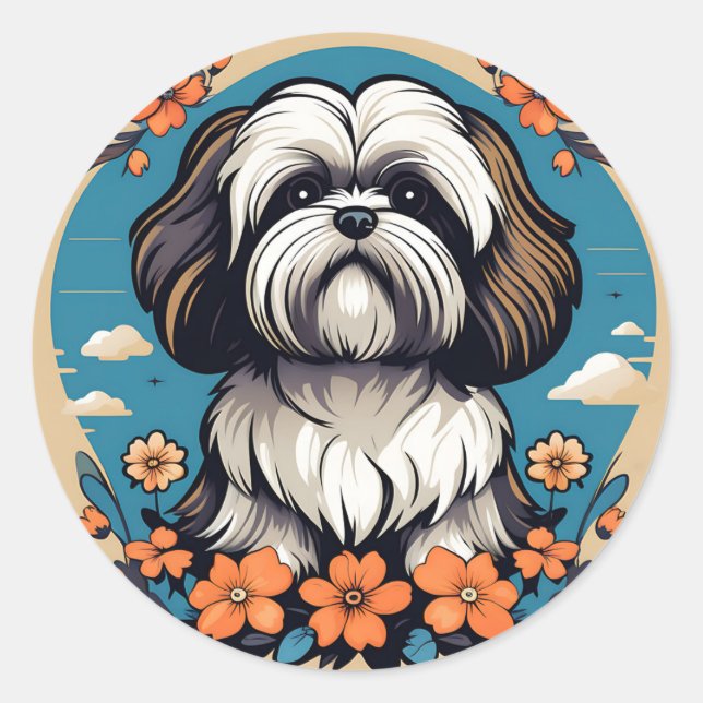 Pegatina Redonda Retrato De Perro Apso Lhasa Con Flores (Anverso)