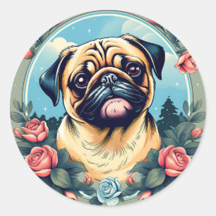 Pegatina Redonda Retrato De Perro Con Flores