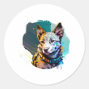 Pegatina Redonda Retrato de perro de estilo de arte de tinta