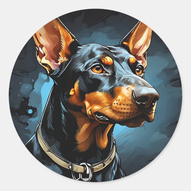 Pegatina Redonda Retrato de perro Doberman leal (Anverso)