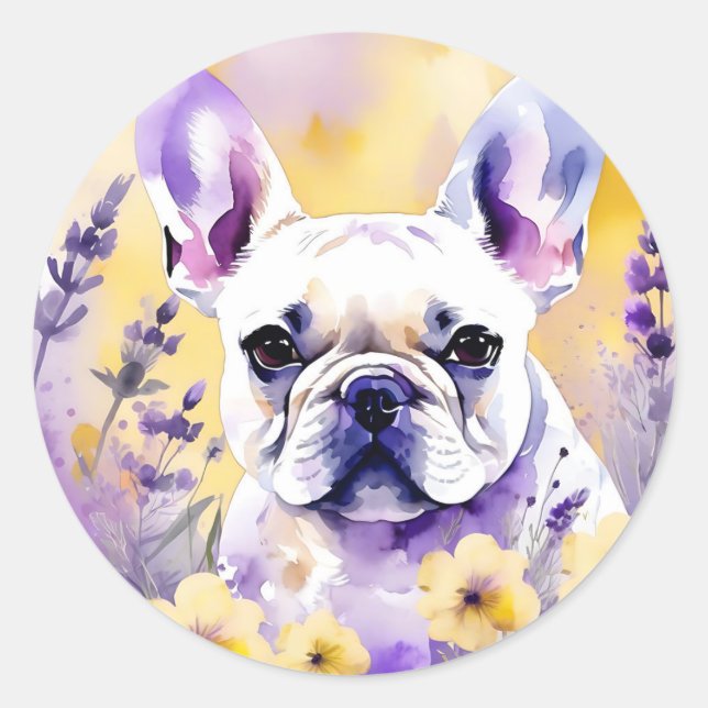 Pegatina Redonda Retrato de perro francés con flores silvestres (Anverso)