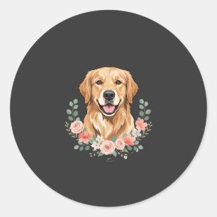 Pegatina Redonda Retrato de perro Golden Retriever floral sublimaci