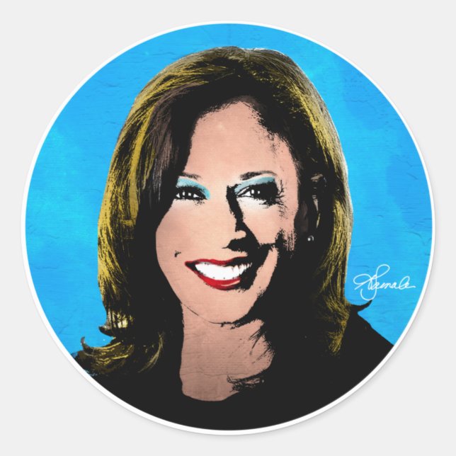 PEGATINA REDONDA RETRATO DE POP ART KAMALA HARRIS (Anverso)
