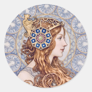 Pegatina Redonda Retrato de Reina Art Nouveau