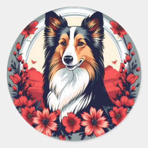 Pegatina Redonda Retrato de Sheepdog Shetland con flores vibrantes