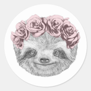 Pegatina Redonda Retrato De Sloth   Floral Head Wreath