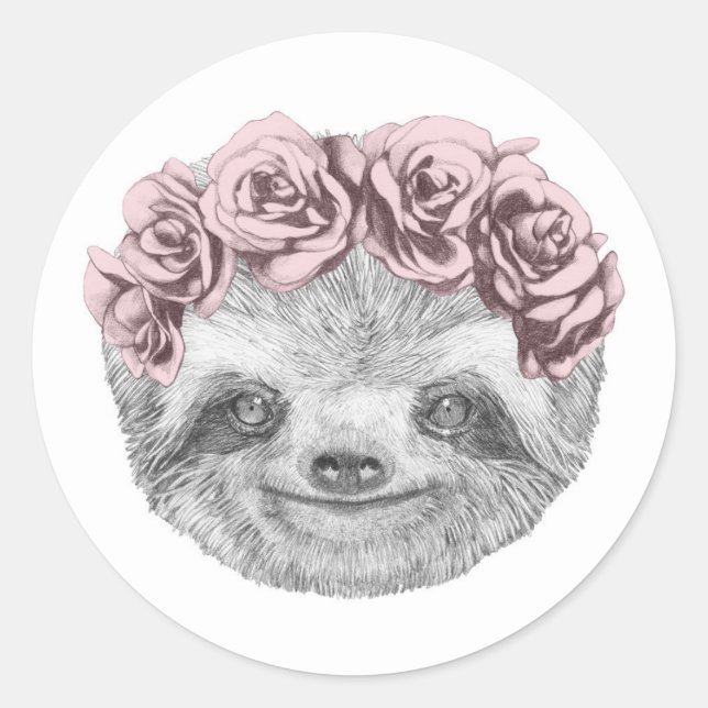 Pegatina Redonda Retrato De Sloth | Floral Head Wreath (Anverso)