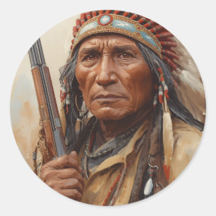 Pegatina Redonda Retrato del jefe indio Geronimo guerrero