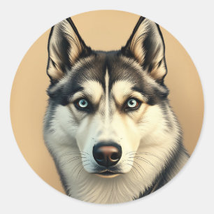 Pegatina Redonda Retrato detallado de un Husky Siberiano con cosech