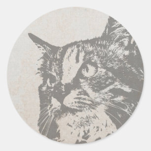 Pegatina Redonda Retrato dibujado a mano de gato