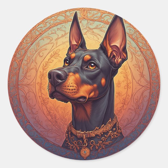 Pegatina Redonda Retrato Doberman Regio (Anverso)