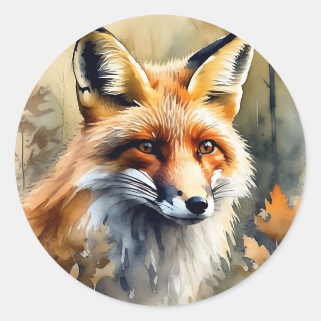 Pegatina Redonda Retrato Fox de color de agua (Anverso)