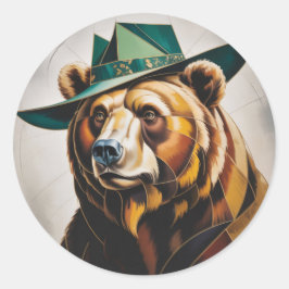 Pegatina Redonda Retrato geométrico abstracto del oso cubista