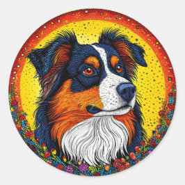 Pegatina Redonda Retrato Ilustrado Vibrante de un Perro