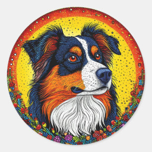 Pegatina Redonda Retrato Ilustrado Vibrante de un Perro