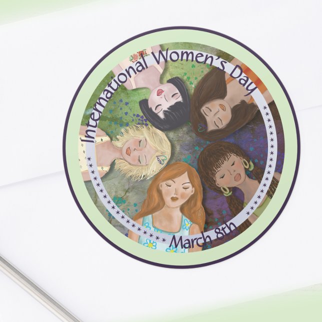 Pegatina Redonda Retrato multiétnico del Día Internacional de la Mu (International Women's Day multi-ethnic portrait Classic Round Sticker

)