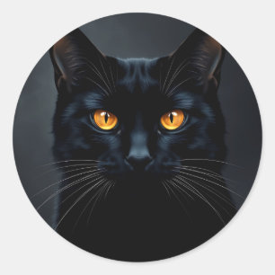 Pegatina Redonda Retrato negro de gato con ojos amarillos