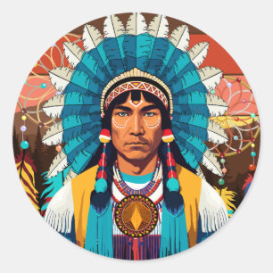 Pegatina Redonda Retrato poderoso de jefe nativo americano
