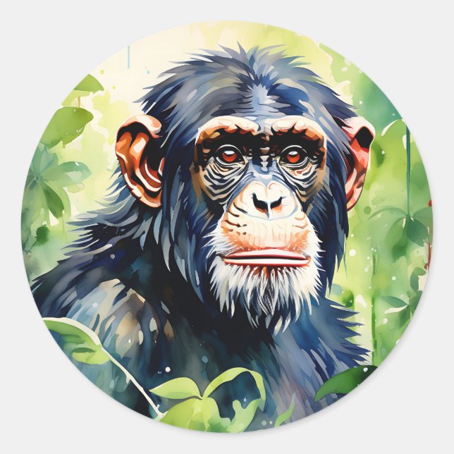 Pegatina Redonda Retrato Primate Chimpanzee (Anverso)