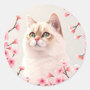 Pegatina Redonda Retrato Serene Birman Cat Con Flores De Cerezo