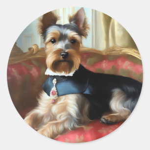 Pegatina Redonda Retrato Terrier de Yorkshire Elegante