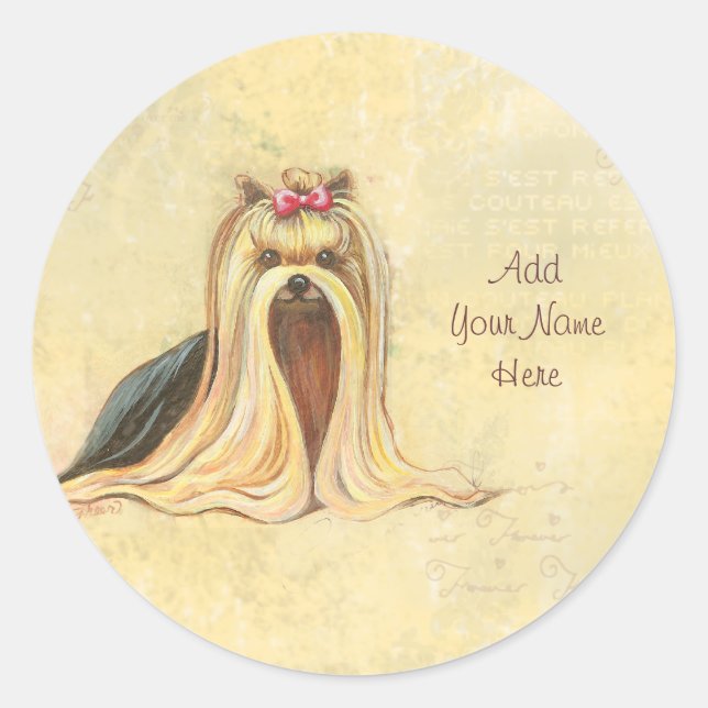 Pegatina Redonda Retrato Terrier de Yorkshire en Beige con escritur (Anverso)