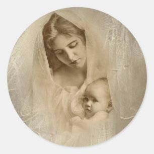 Pegatina Redonda Retrato vintage, madre amorosa sosteniendo niño be