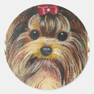 Pegatina Redonda Retrato yorkie retratado