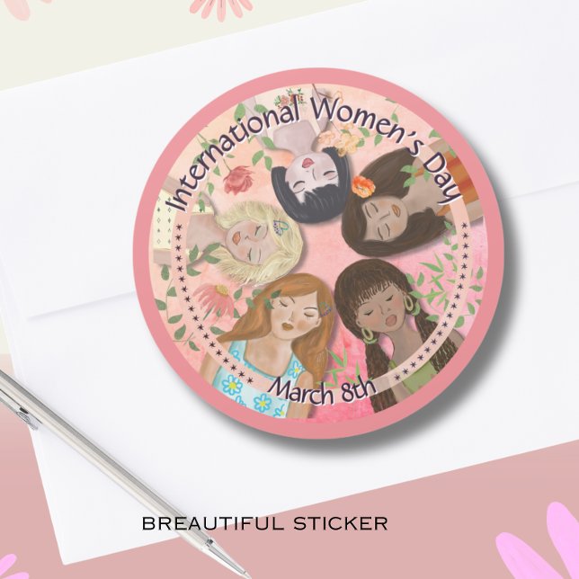 Pegatina Redonda Retratos femeninos rosas del Día Internacional de  (International Women's Day Pink Feminine Portraits Classic Round Sticker)
