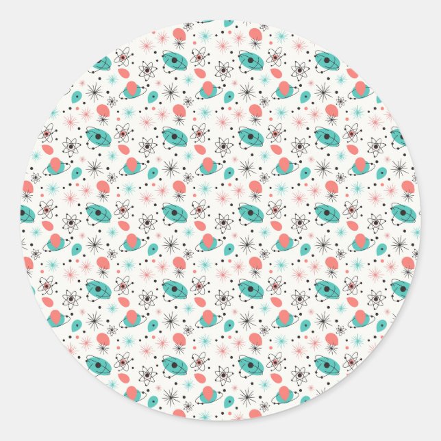 Pegatina Redonda Retro 1950s Atomic Starburst & Orbiting Atoms (Anverso)
