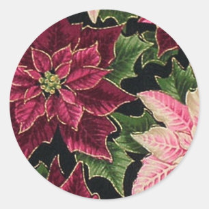 Pegatina Redonda Retro 50s Flor de Nochebuena Burgundy Rosa