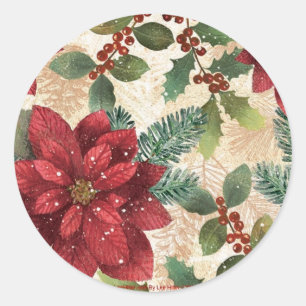 Pegatina Redonda Retro 50s Flor de Nochebuena Rojo Verde Crema