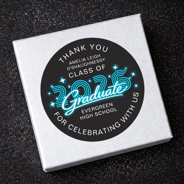 Pegatina Redonda Retro 80s Neon Blue Graduation Thank You (Subido por el creador)