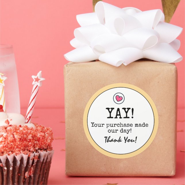 Pegatina Redonda Retro Amarillo Dorado Con Negocios De Corazón Grac (Fiesta)