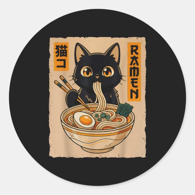 Pegatina Redonda Retro Anime Kawaii Black Cat Eating Ramen Noodles  (Anverso)