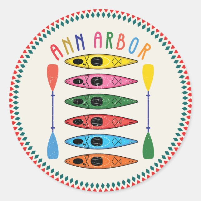 Pegatina Redonda Retro Ann Arbor Kayaking (Anverso)