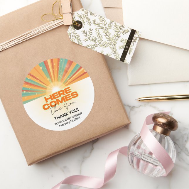 Pegatina Redonda Retro Aquí Viene El Baby Shower Del Hijo (Regalar)