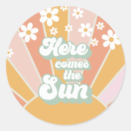 Pegatina Redonda Retro Aquí viene el Sol Daisy boho cumpleaños