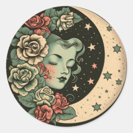 Pegatina Redonda Retro Art Deco Green Crescent Moon Lady