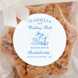 Pegatina Redonda Retro Azules Conchas Marinas & Campanas de Boda De