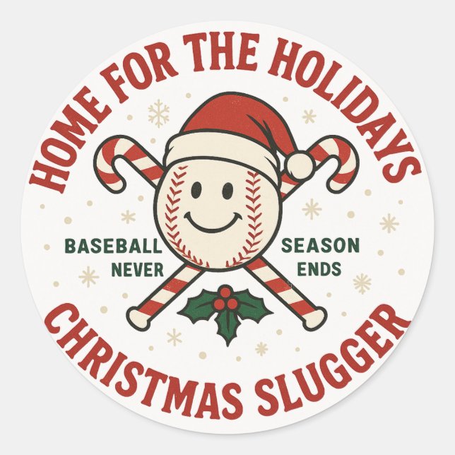 Pegatina Redonda Retro Baseball Christmas "Home for the Holidays"  (Anverso)