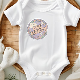 Pegatina Redonda Retro Boho Cloud Baby One Month Milestone